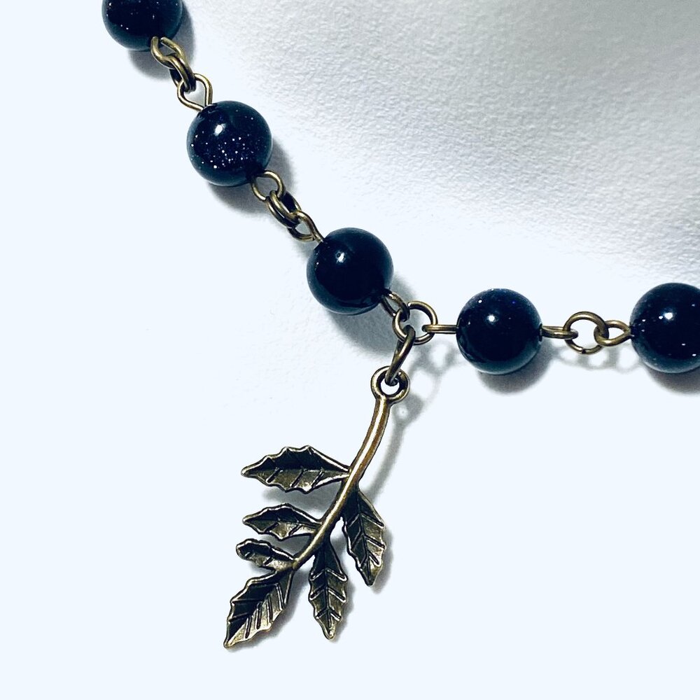 Dark Blue Goldstone Bronze Link Adjustable Short Necklace w/ Leaf Branch Charm